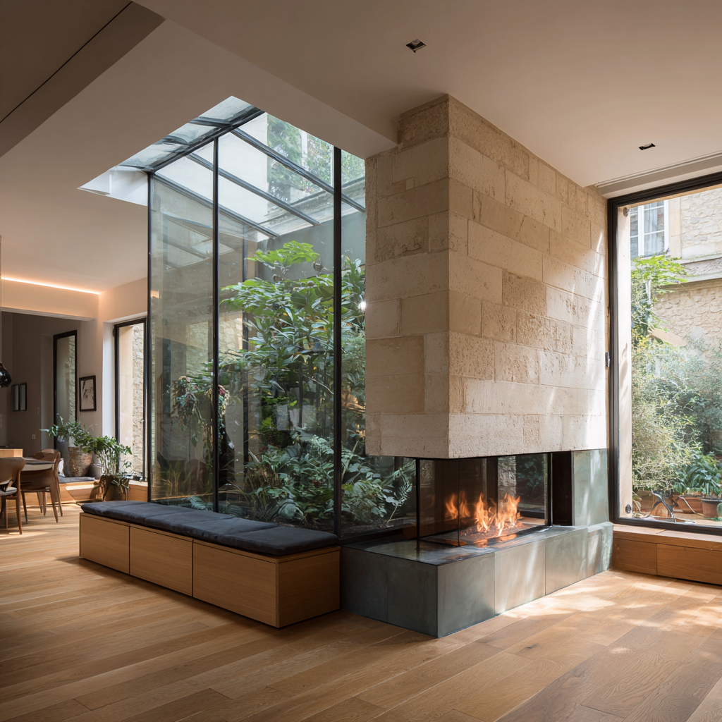 Puit de lumière, patio intérieur et cheminée ouverte pour cette pièce à vivre de maison familiale à St Cloud