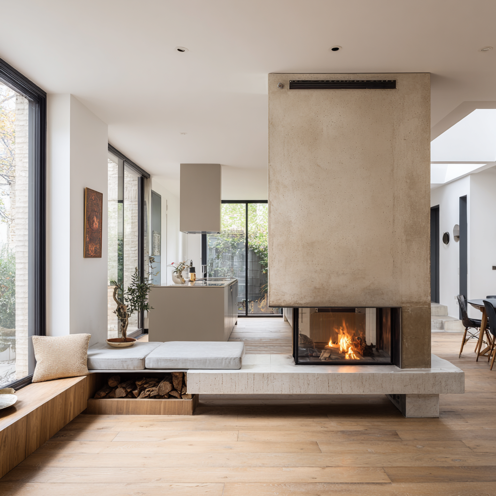 Mise en valeur d'une cheminée semi ouverte dans un pavillon moderne en Essonne 91000