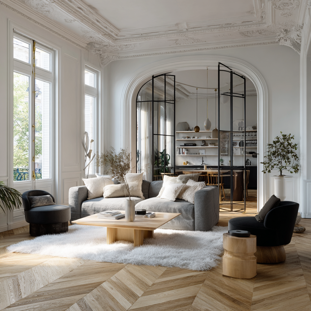 Création d'une ouverture en arche avec verrière d'atelier modulable dans un appartement à Orsay