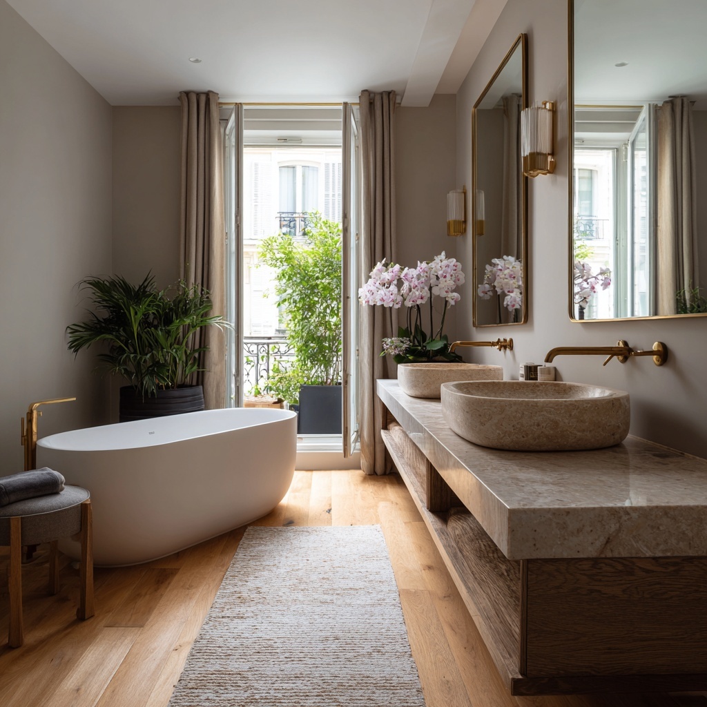Modernisation d'une salle de bain avec baignoire en îlot et double vasque dans un appartement de ville à Meudon