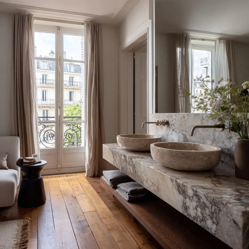 Architecte d’intérieur Hauts de Seine 9 Création de vasque sur mesure en marbre dans une chambre d'appartement haussmannien à Neuilly sur Seine